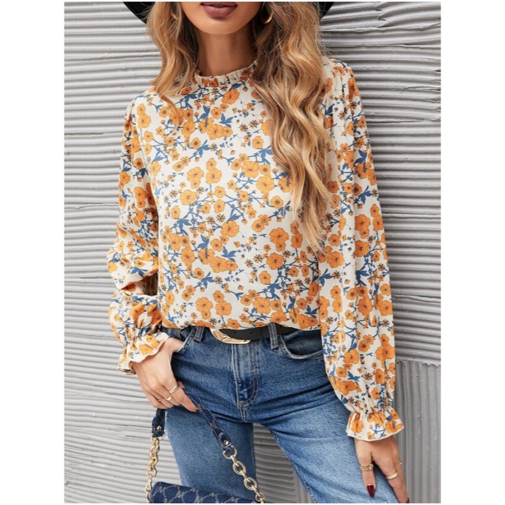 Boho Yellow Floral Ruffle Sleeve Blouse Top